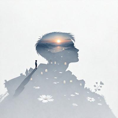 The primary subject of the image is a person, likely a man, with a backdrop of a sunset and a house. The visual style of the image is a combination of digital art and illustration, creating a unique and artistic representation of the scene. The colors and mood of the image are warm and serene, with the sunset casting a warm glow over the landscape and the person.